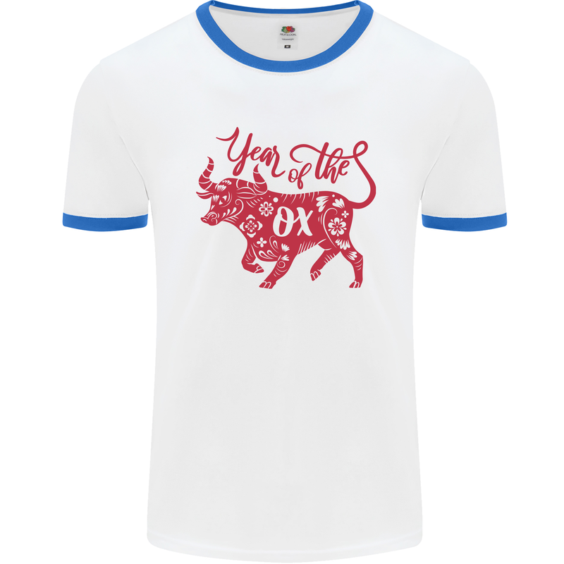 Chinese Zodiac Shengxiao Year of the Ox Mens White Ringer T-Shirt White/Royal Blue