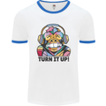 Turn It Up Monkey DJ Headphones Music Mens White Ringer T-Shirt White/Royal Blue