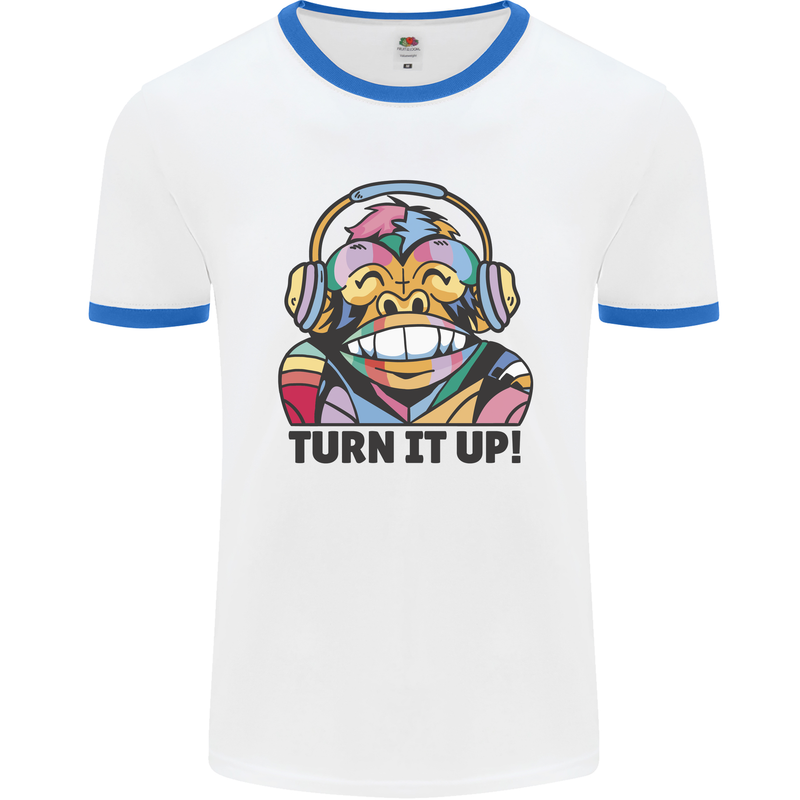 Turn It Up Monkey DJ Headphones Music Mens White Ringer T-Shirt White/Royal Blue