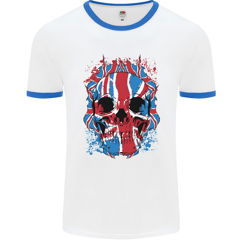 Union Jack Flag Skull Gym MMA Biker Mens White Ringer T-Shirt White/Royal Blue