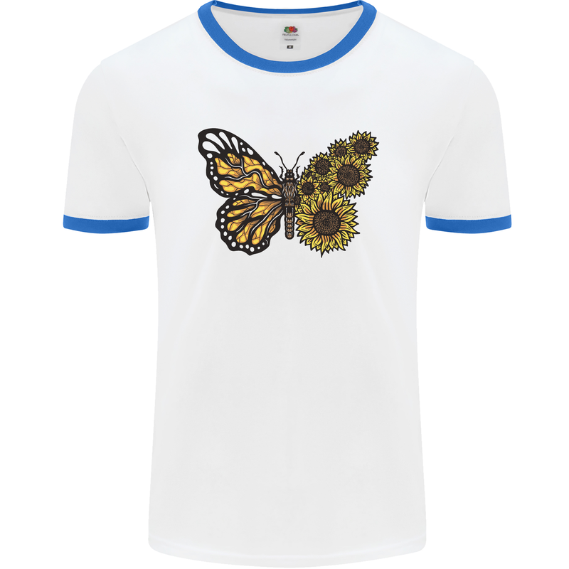 A Sunflower Butterfly Mens White Ringer T-Shirt White/Royal Blue