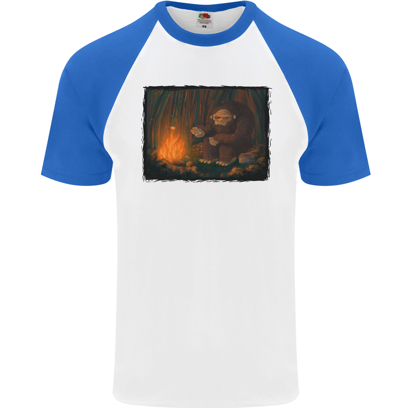 Bigfoot Camping and Cooking Marshmallows Mens S/S Baseball T-Shirt White/Royal Blue