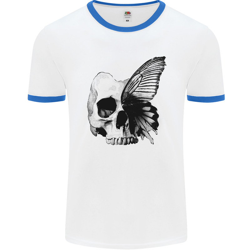 A Butterfly Skull Mens Ringer T-Shirt White/Royal Blue