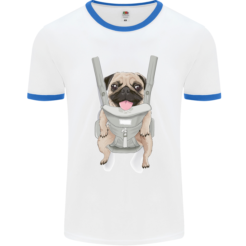 A Pug in a Baby Harness Funny Dog Mens White Ringer T-Shirt White/Royal Blue