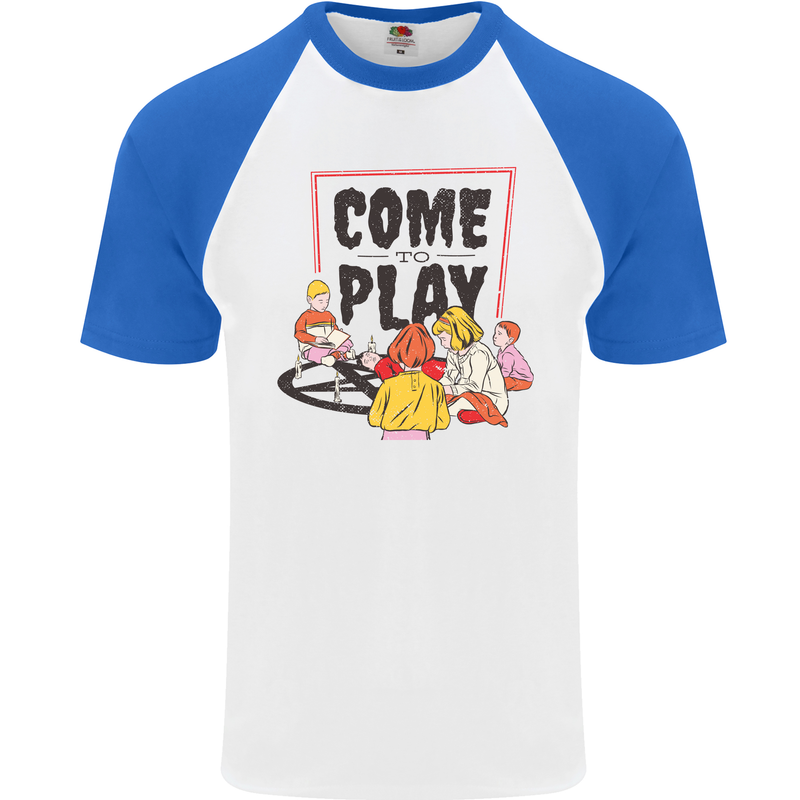 Come to Play Lets Summon Demons Ouija Board Mens S/S Baseball T-Shirt White/Royal Blue