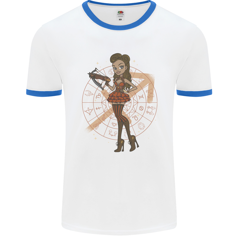 Sagittarius Steampunk Woman Star Sign Mens Ringer T-Shirt White/Royal Blue