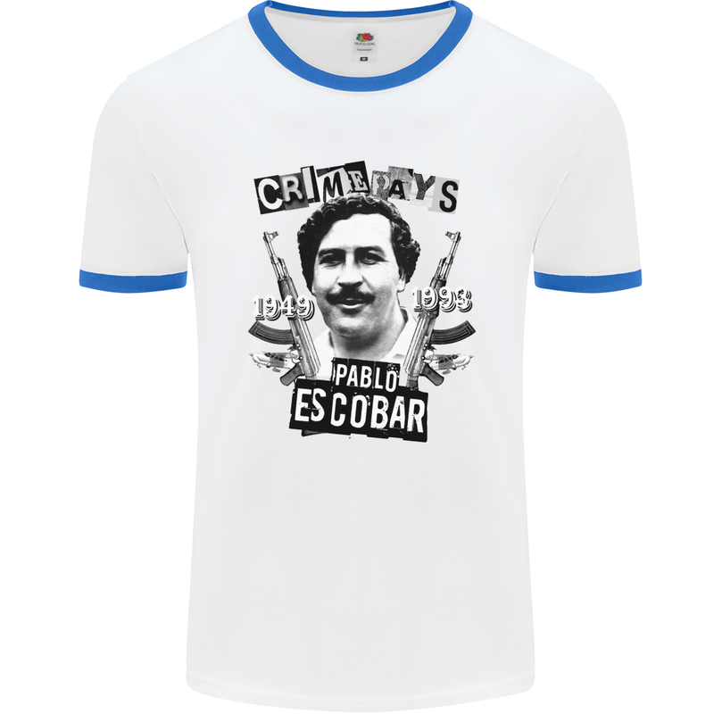Pablo Escobar Crime Pays Mens White Ringer T-Shirt White/Royal Blue