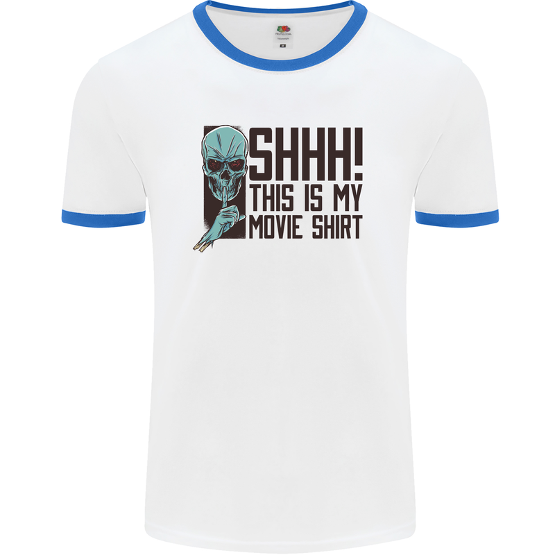 SHHH This Is My Movie T-Shirt Skull Horror Mens White Ringer T-Shirt White/Royal Blue