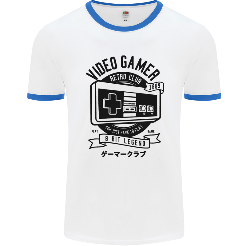 Video Gamer Retro Club Gaming Mens White Ringer T-Shirt White/Royal Blue