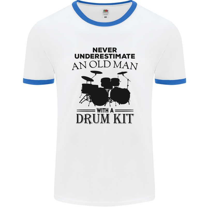 Old Man Drumming Drum Kit Drummer Funny Mens White Ringer T-Shirt White/Royal Blue