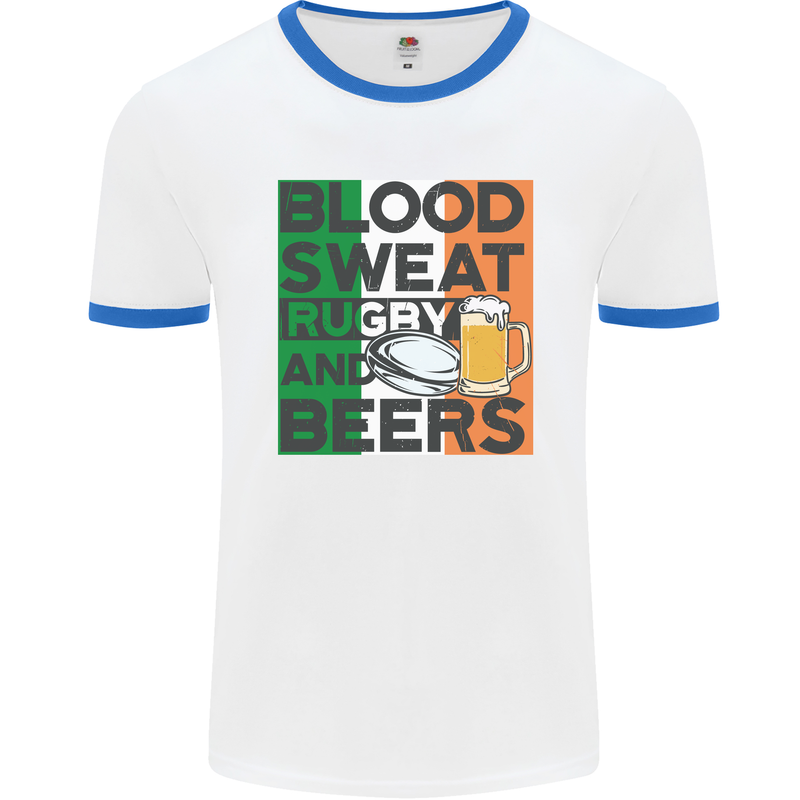 Blood Sweat Rugby and Beers Ireland Funny Mens White Ringer T-Shirt White/Royal Blue