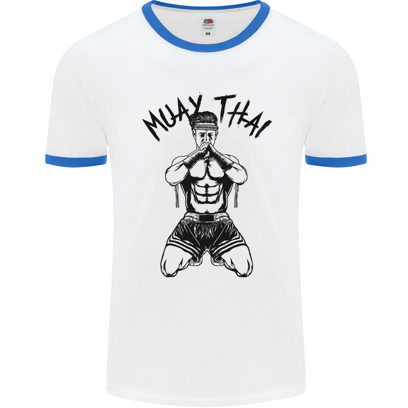 Muay Thai Fighter Mixed Martial Arts MMA Mens White Ringer T-Shirt White/Royal Blue