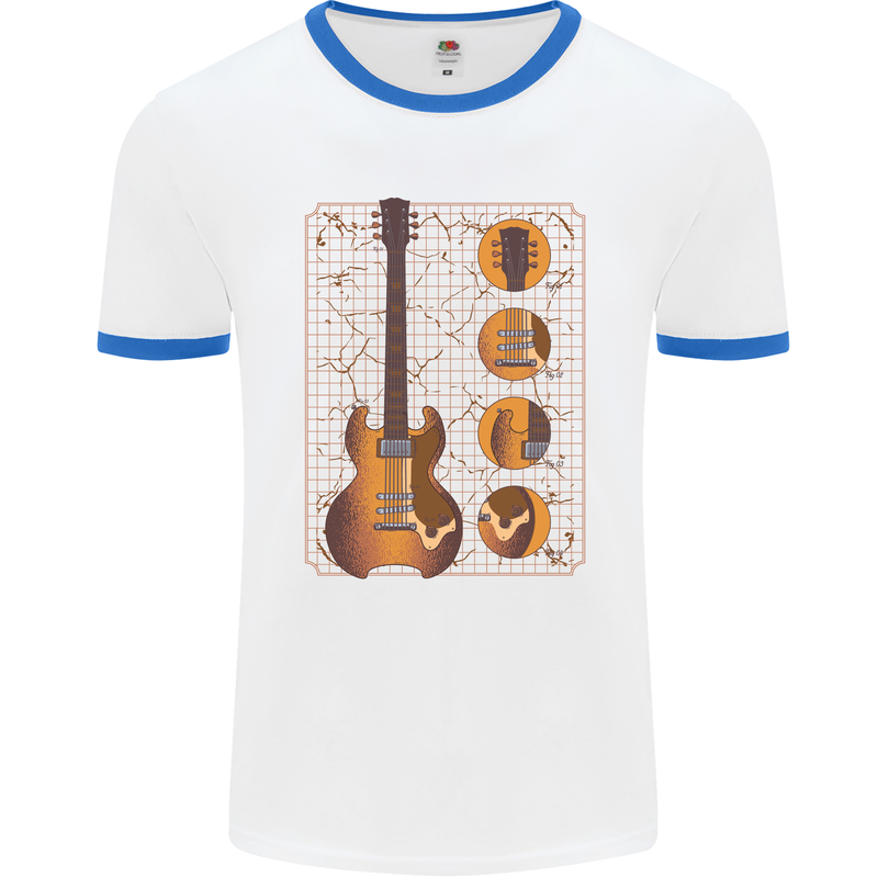 A Guitar Blueprint Music Rock n Roll Guitarist Mens White Ringer T-Shirt White/Royal Blue