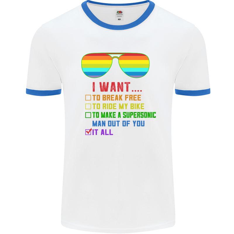 Want to Break Free Ride My Bike Funny LGBT Mens White Ringer T-Shirt White/Royal Blue