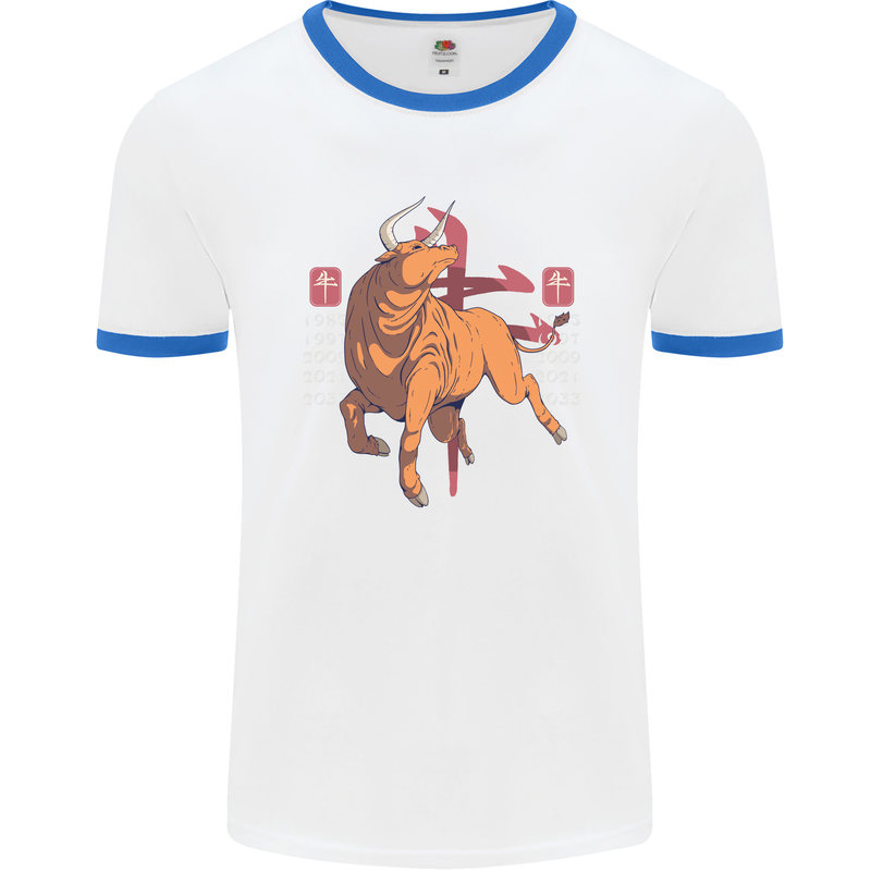 Chinese Zodiac Shengxiao Year of the Ox Mens White Ringer T-Shirt White/Royal Blue