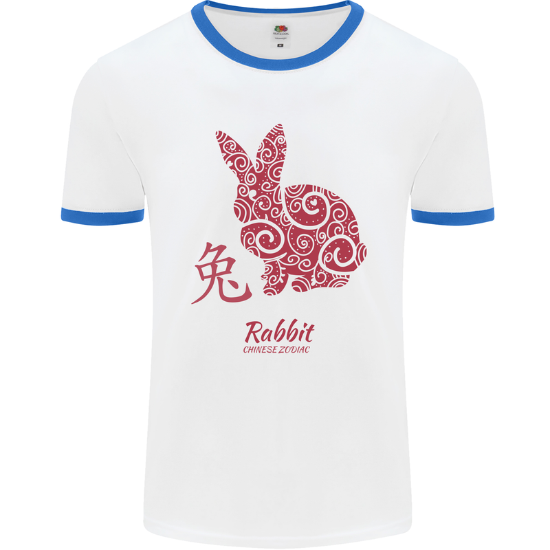 Chinese Zodiac Shengxiao Year of the Rabbit Mens White Ringer T-Shirt White/Royal Blue