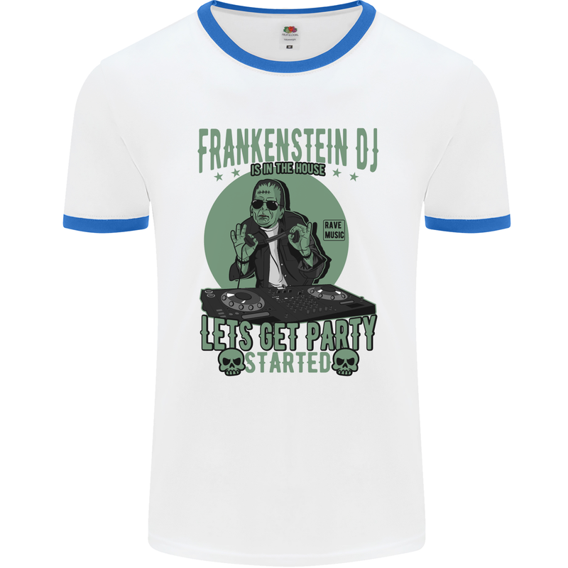 DJ Frankenstein Funny Music Vinyl Halloween Mens White Ringer T-Shirt White/Royal Blue