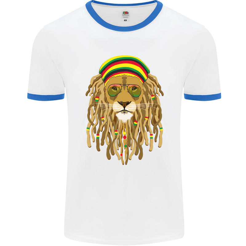 Dreadlock Rasta Lion Jamaica Jamaican Mens White Ringer T-Shirt White/Royal Blue