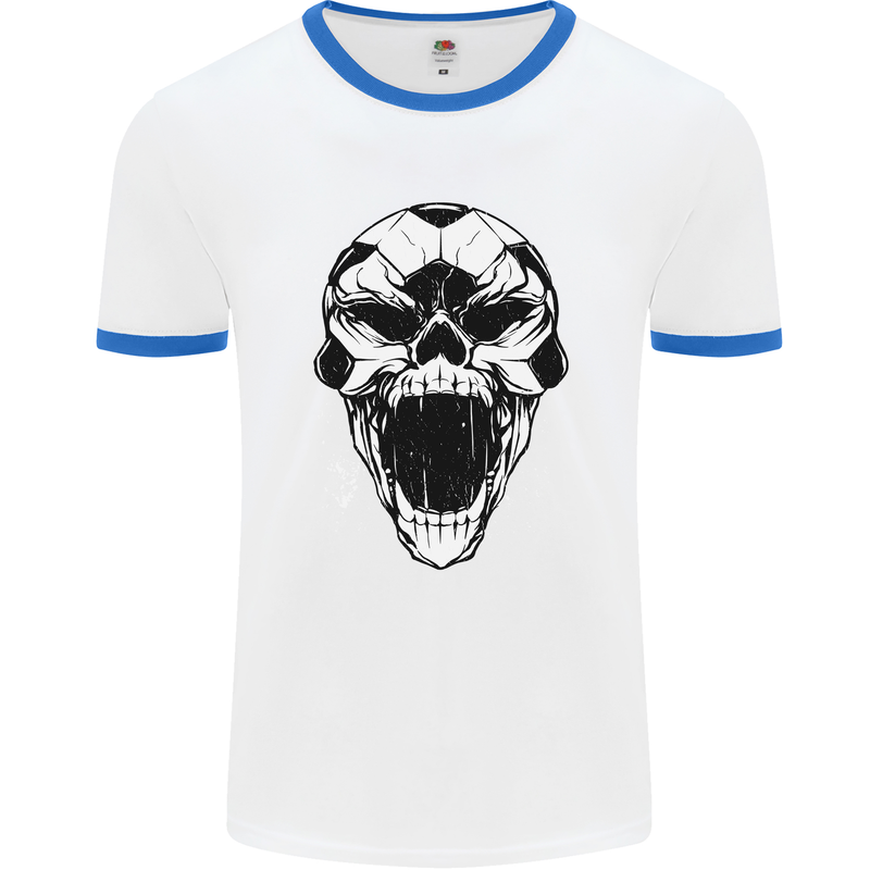 A Football Skull Soccer Footy Mens White Ringer T-Shirt White/Royal Blue