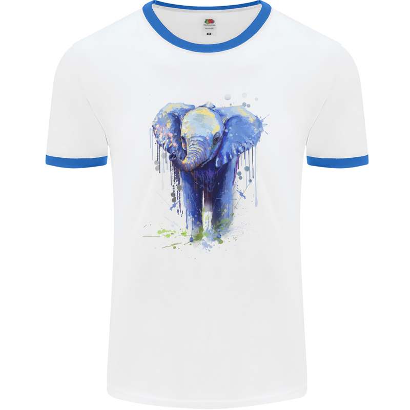 Elephant Watercolour Mens White Ringer T-Shirt White/Royal Blue