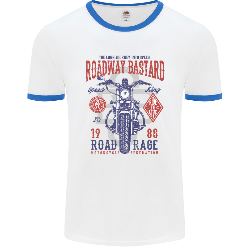 Roadway Bastard Motorcycle Biker Motorbike Mens White Ringer T-Shirt White/Royal Blue