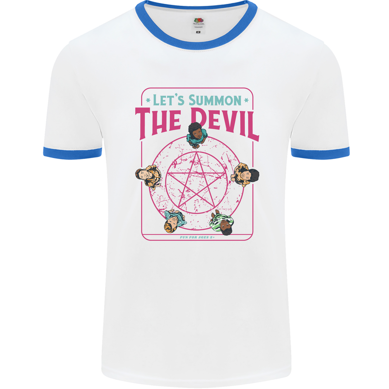 Let's Summon the Devil Ouija Board Demons Mens White Ringer T-Shirt White/Royal Blue