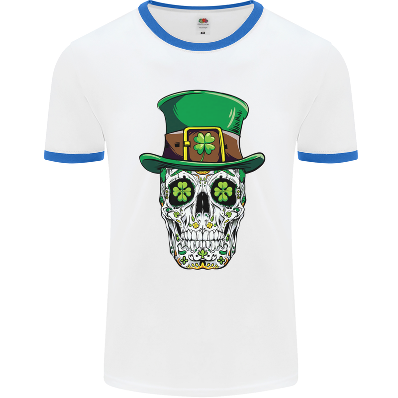 St Patricks Day of the Dead Sugar Skull Mens White Ringer T-Shirt White/Royal Blue