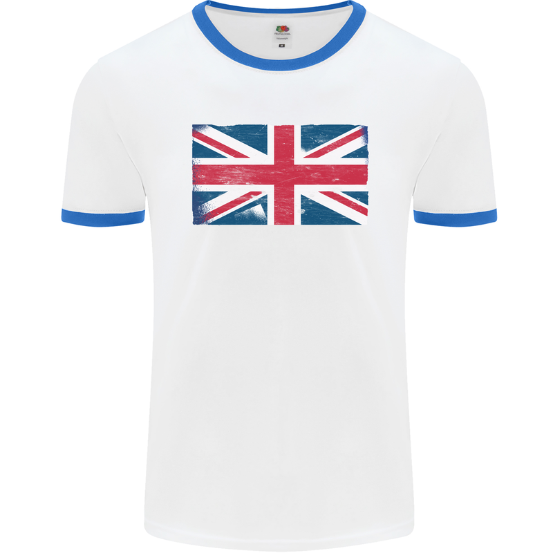 Distressed Union Jack Flag Great Britain Mens White Ringer T-Shirt White/Royal Blue