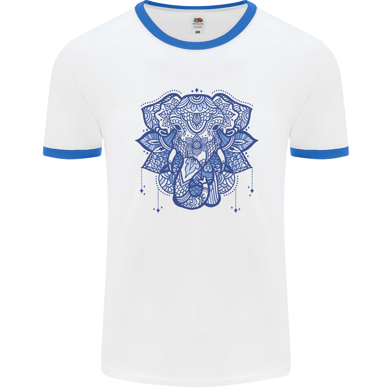Mandala Art Elephant Mens White Ringer T-Shirt White/Royal Blue
