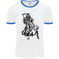 Pitbull Grim Reaper Dog Skull Satan Demon Mens White Ringer T-Shirt White/Royal Blue