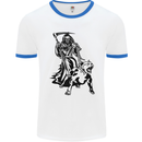Pitbull Grim Reaper Dog Skull Satan Demon Mens White Ringer T-Shirt White/Royal Blue