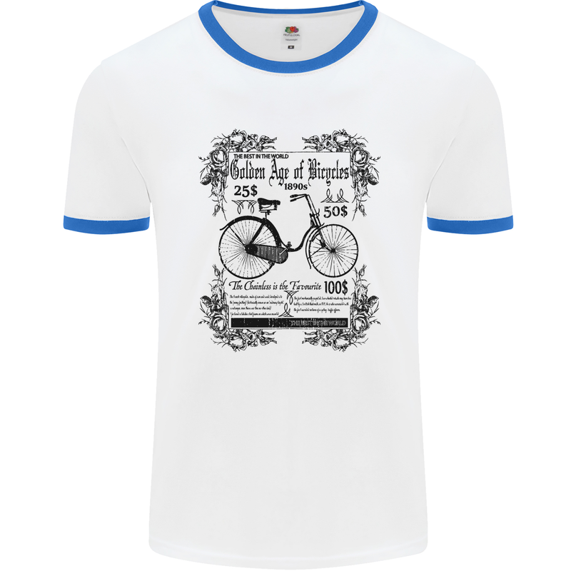 The Golden Age of Bicycles Cyclist Cycling Mens White Ringer T-Shirt White/Royal Blue