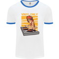 DJ Decks Vinyl Only Funny DJing Turntable Mens White Ringer T-Shirt White/Royal Blue