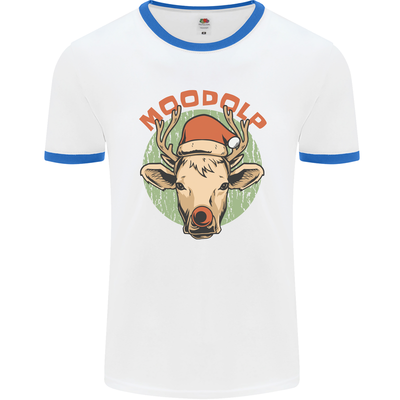 Moodolf Funny Rudolf Christmas Cow Mens Ringer T-Shirt White/Royal Blue