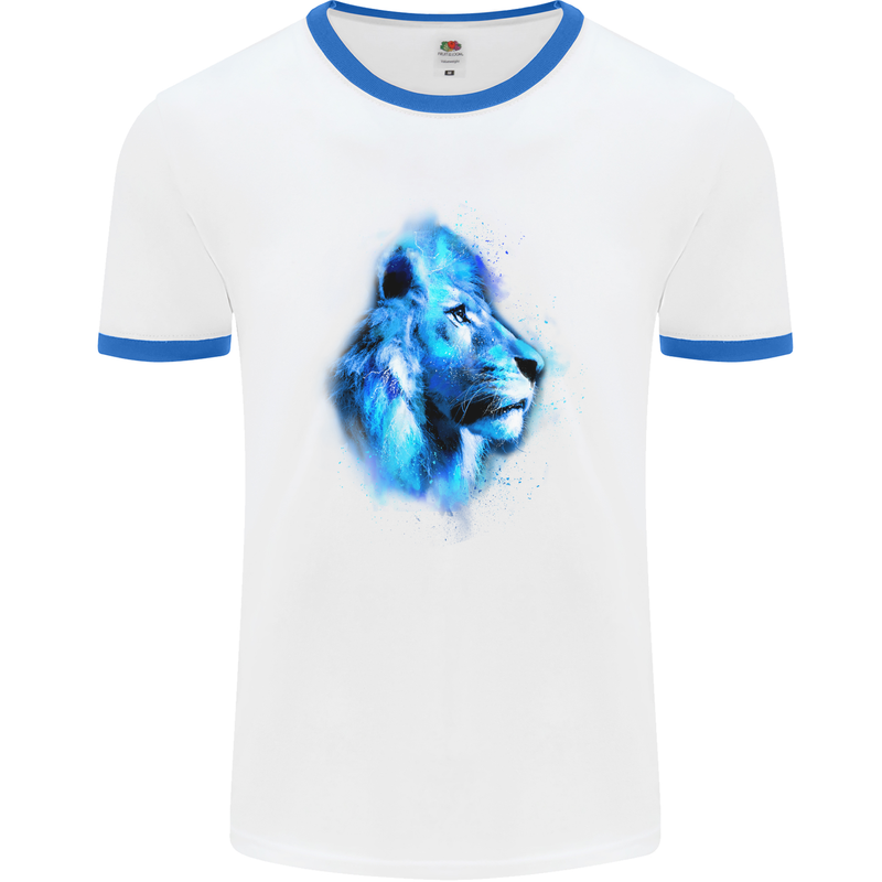 Watercolour Lion Mens White Ringer T-Shirt White/Royal Blue