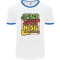 Peace Love Music Guitar Hippy Flower Power Mens Ringer T-Shirt White/Royal Blue