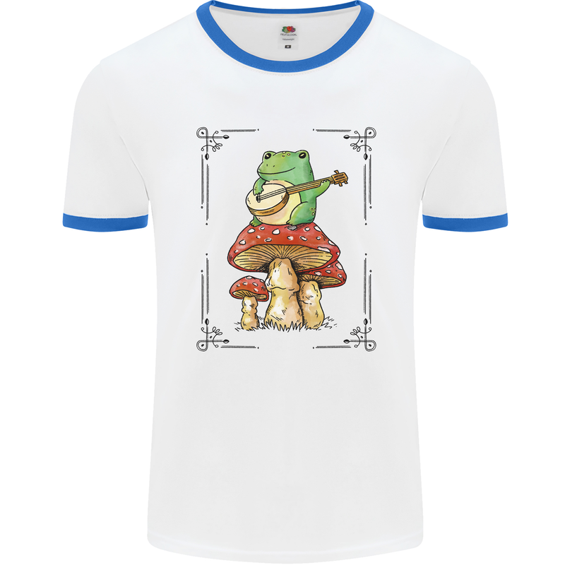 A Frog Playing the Guitar on a Toadstool Mens White Ringer T-Shirt White/Royal Blue