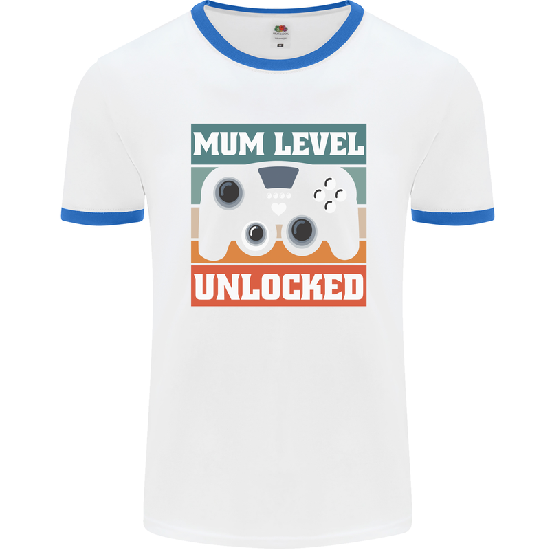 Mum Level Unlocked New Mommy Baby Born Mens White Ringer T-Shirt White/Royal Blue