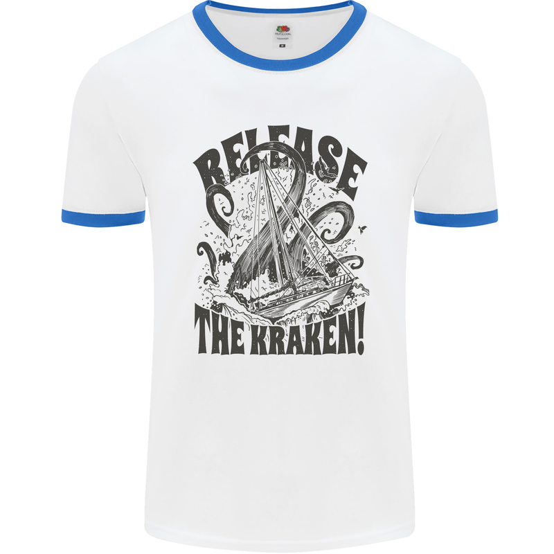 Release the Kraken Cthulhu Sea Creature Mens White Ringer T-Shirt White/Royal Blue