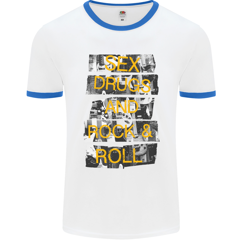 Sex Drugs & Rock & Roll Guitar Music Weed Mens White Ringer T-Shirt White/Royal Blue