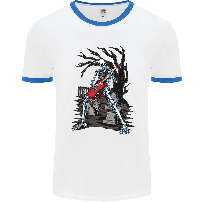 Graveyard Rock Guitar Skull Heavy Metal Mens White Ringer T-Shirt White/Royal Blue