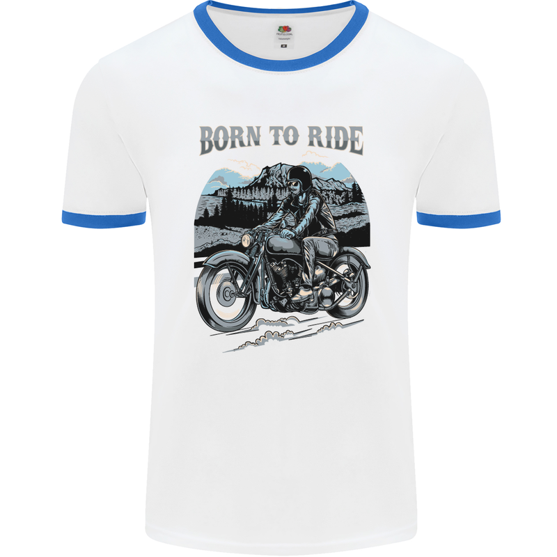 Born to Ride Motorbike Motorcycle Biker Mens White Ringer T-Shirt White/Royal Blue