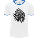Indian Skull Headdress Biker Motorbike Mens White Ringer T-Shirt White/Royal Blue
