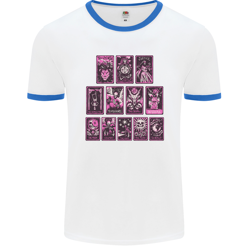 Tarot Cards Fortune Teller Skulls Mens White Ringer T-Shirt White/Royal Blue
