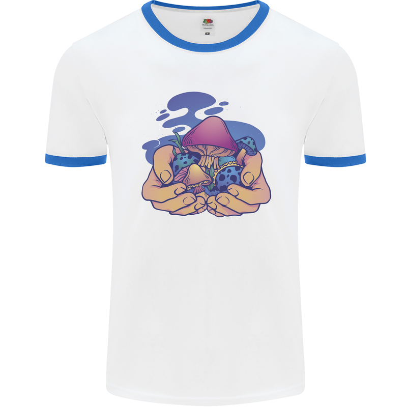 Magic Mushroom Hands Mycology Trippy Mens Ringer T-Shirt White/Royal Blue