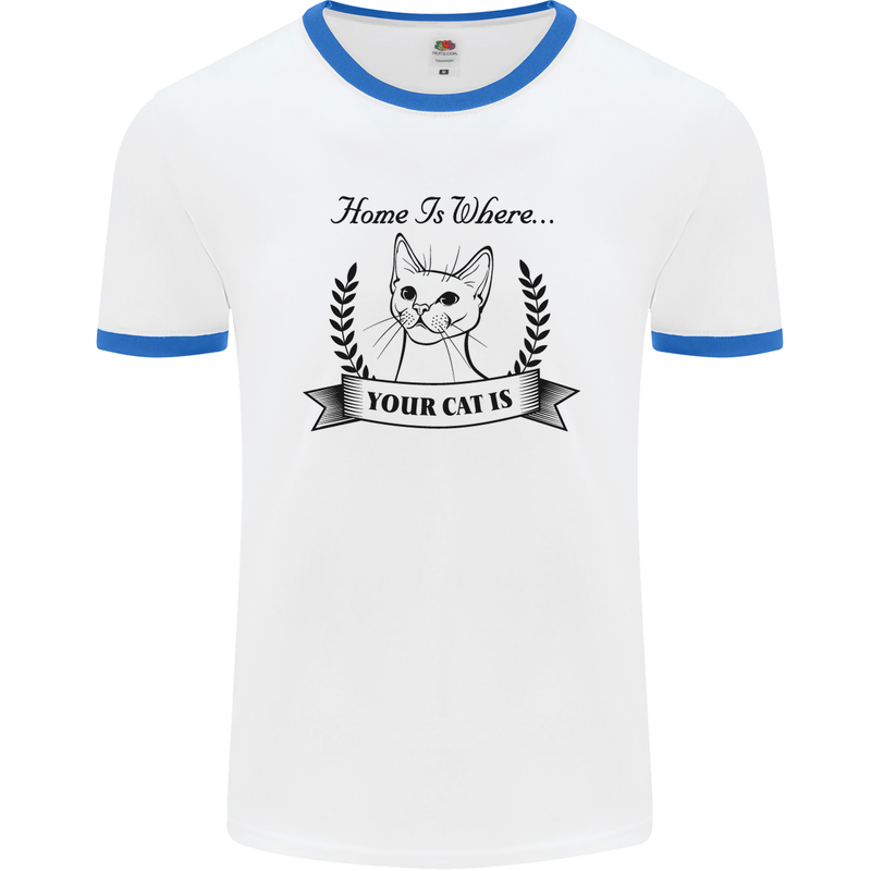 Home Is Where Your Cat Is Funny Kitten Mens White Ringer T-Shirt White/Royal Blue