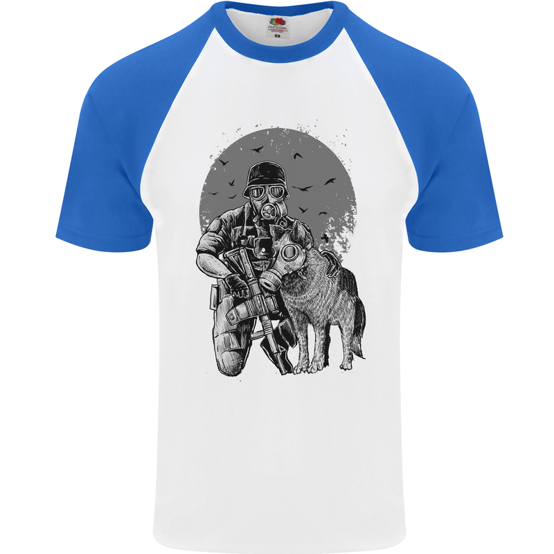Gas Mask & Dog Apocalypse Armed Militia Mens S/S Baseball T-Shirt White/Royal Blue