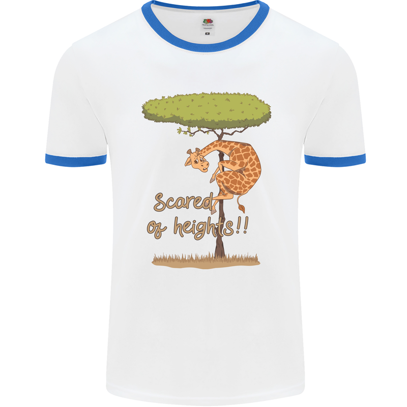 Scared of Heights Funny Giraffe Acrophobia Mens Ringer T-Shirt White/Royal Blue