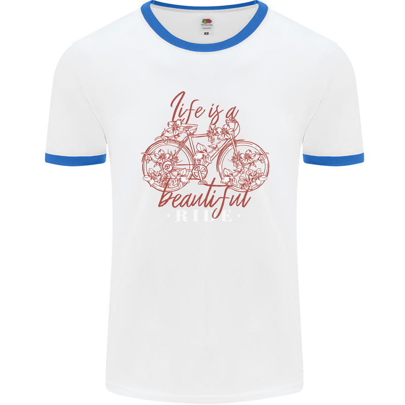 Life is a Beautiful Ride Cycling Bicycle Mens Ringer T-Shirt White/Royal Blue