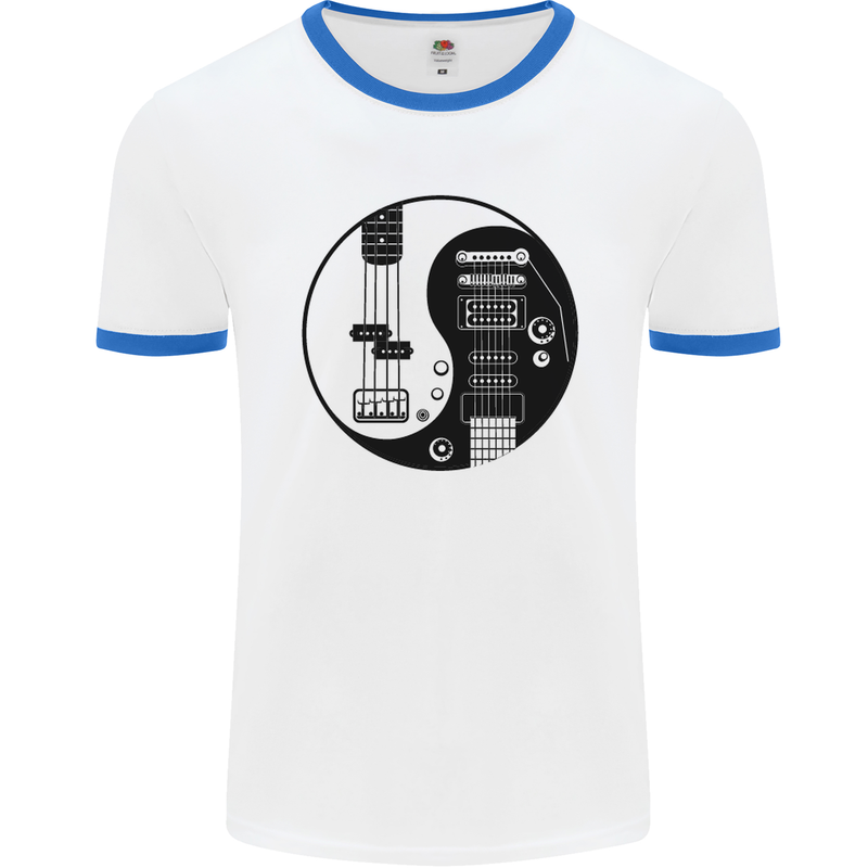 Ying Yang Guitar Guitarist Electric Bass Mens White Ringer T-Shirt White/Royal Blue